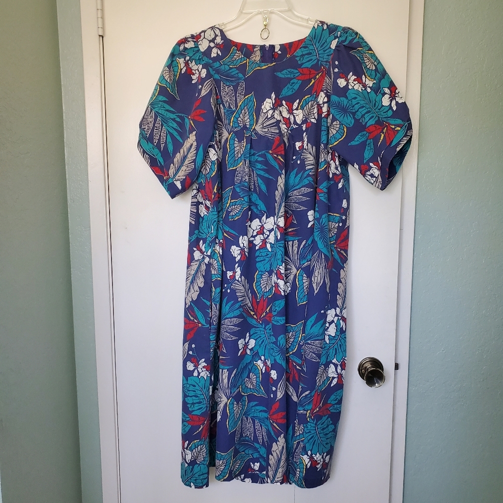Vtg Hawiian Flavor Blue Teal Red Tropical Floral Dress Muu Muu Size M Cotton